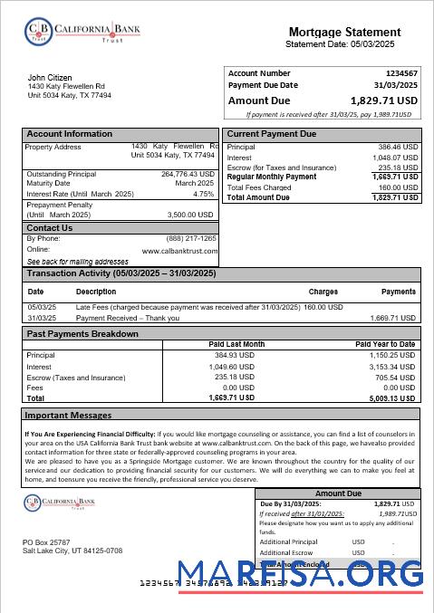 Printable USA California Bank Trust bank mortgage statement in Word and PDF formats real example